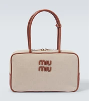 Сумка-шоппер из ткани с кожаными деталями и логотипом Miu Miu, Naturale + Brandy 25642021