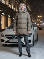 Куртка двубортная женская зимняя с капюшоном коричневого цвета 7736K 2066440832