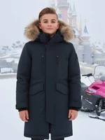 Парка зимняя подростковая для мальчика с капюшоном и мехом черного цвета 9537Ch 214788480