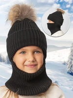 Шапка балаклава с меховым помпоном детская Amarobaby Pure Love Pompon вязаная, черный AB-OD24-PLPO16/09-50
