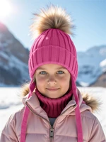 Шапка с помпоном на завязках со снудом детская Amarobaby Pure Love Snow вязаная, фуксия AB-OD24-PLSN16/25-44