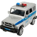 Модель HUNTER-124SL-POLGY UAZ ХАНТЕР ПОЛИЦИЯ 17 см, двери, инерц, сереб Технопарк  в коробке 438-969