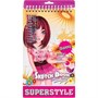 89634 Блокнот с трафаретами и наклейками Superstyle 140*240мм. В наборе: 1 лист со стразами, инструкция, 3 листа с наклейками, 5 листов с трафаретами, 36 листов с эскизами, 4 дизайна. 858847894