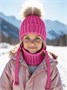Шапка с помпоном на завязках со снудом детская Amarobaby Pure Love Snow вязаная, фуксия AB-OD24-PLSN16/25-44