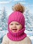 Шапка с помпоном на завязках со снудом детская Amarobaby Pure Love Snow вязаная, фуксия AB-OD24-PLSN16/25-44