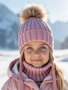 Шапка с помпоном на завязках со снудом детская Amarobaby Pure Love Snow вязаная, пудровый AB-OD24-PLSN16/27-44