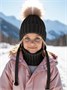 Шапка с помпоном на завязках со снудом детская Amarobaby Pure Love Snow вязаная, черный AB-OD24-PLSN16/09-44